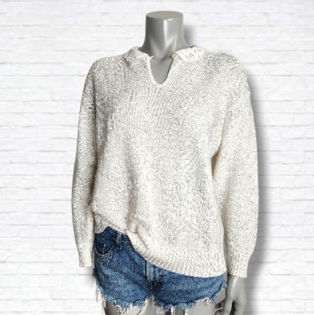 Vintage "Holiday Knitwear" White Knit Lace Collar Long Sleeve Top Size M